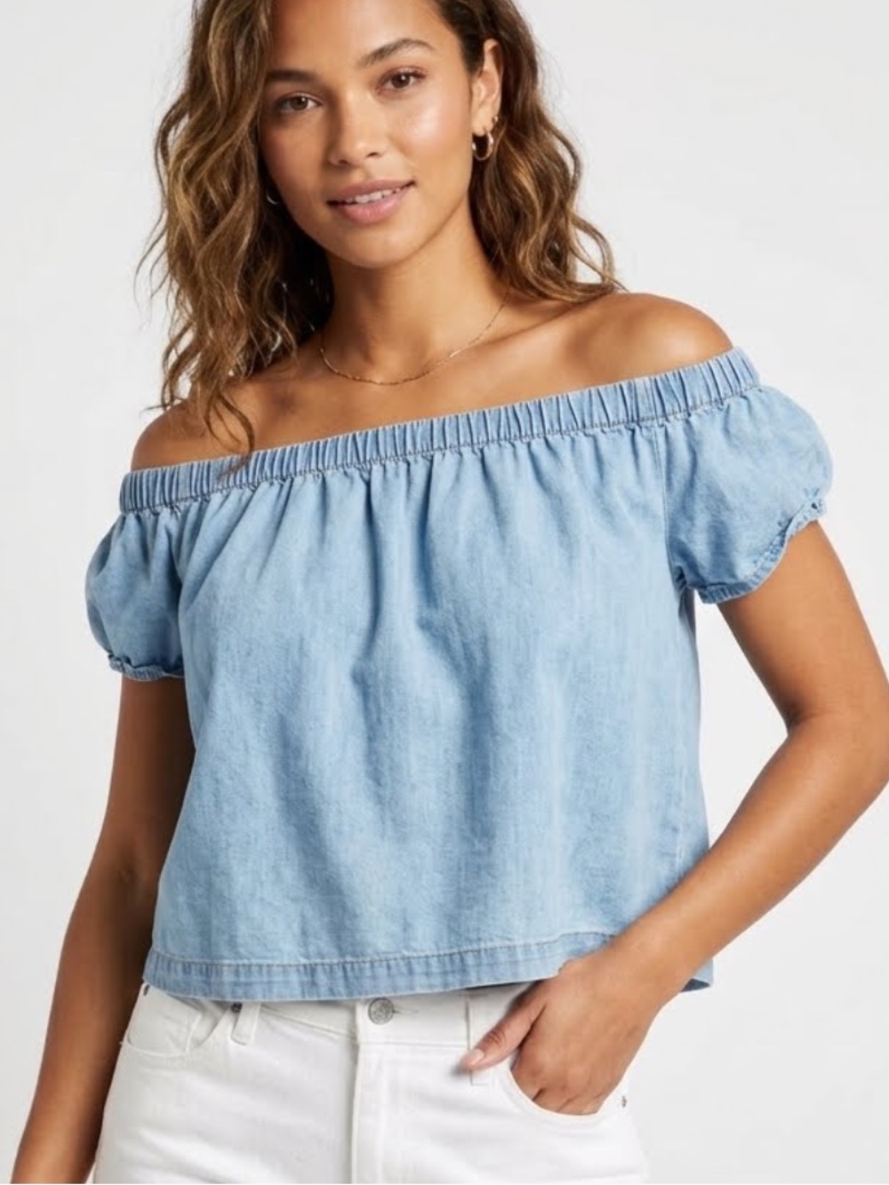 Buffalo Light Wash Jean Off-Shoulder Denim Crop Top -153 party trendy date night